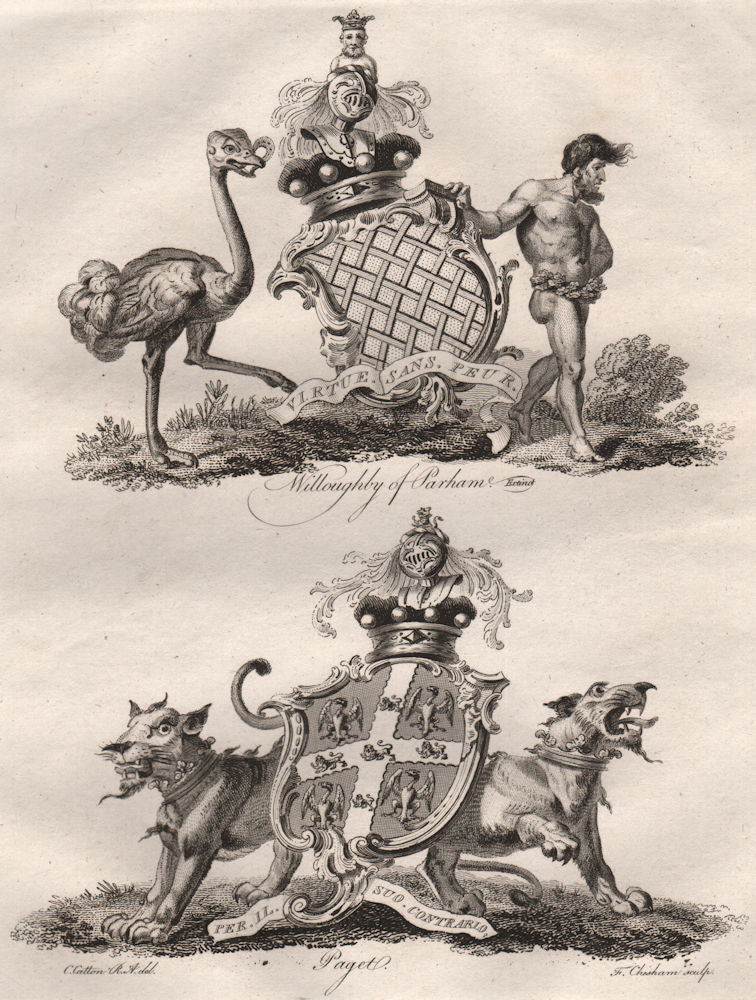 WILLOUGHBY OF PARHAM; PAGET. Coat of Arms. Heraldry 1790 old antique print